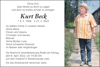 Kurt Beck Traueranzeige Trauer Infranken De