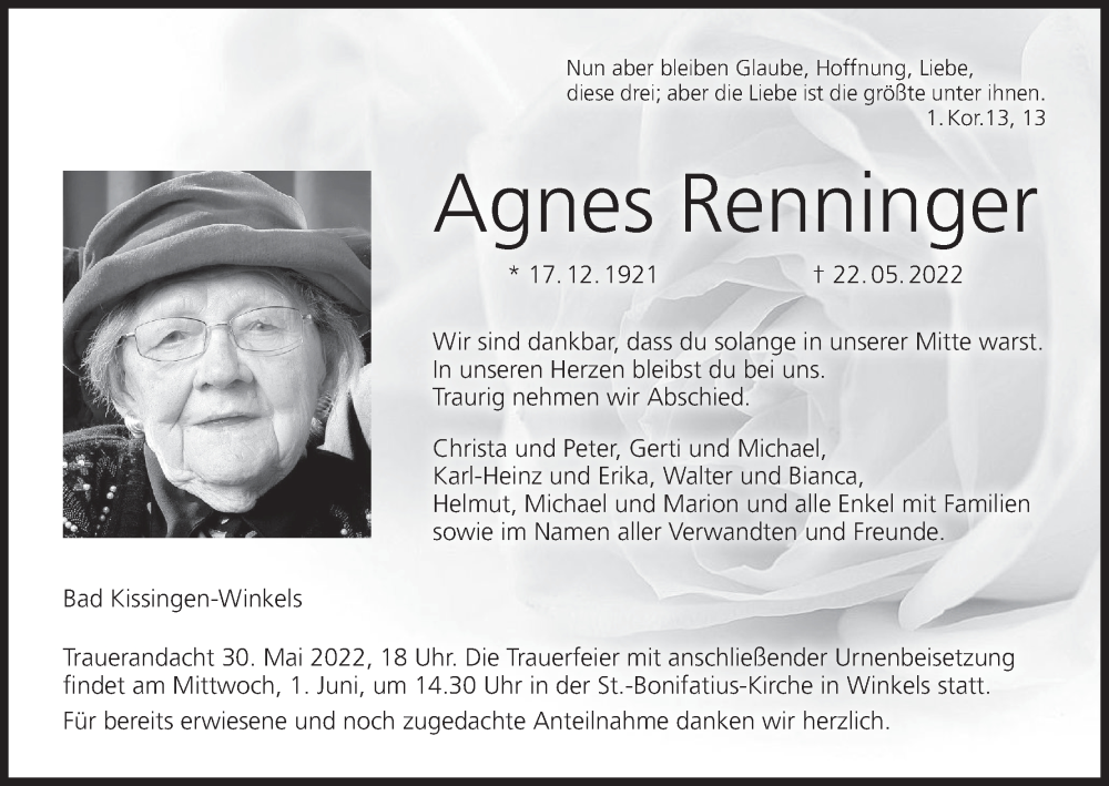 Agnes Renninger Traueranzeige Trauer Infranken De