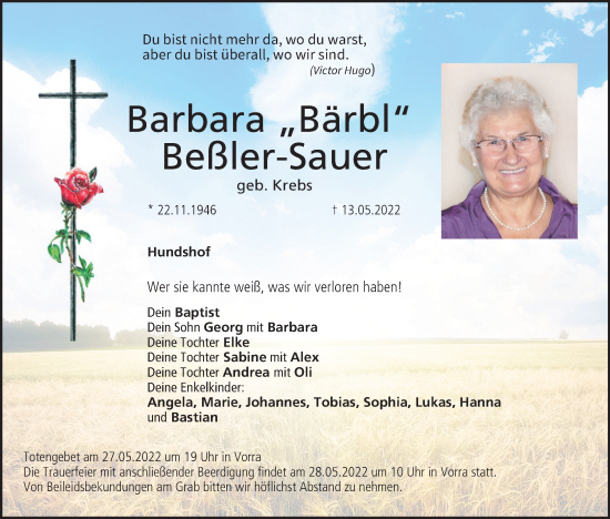 Barbara Beßler Sauer Traueranzeige trauer inFranken de