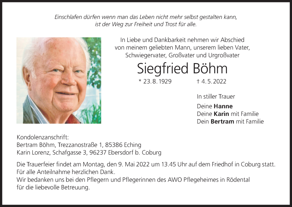 Siegfried Böhm Traueranzeige trauer inFranken de