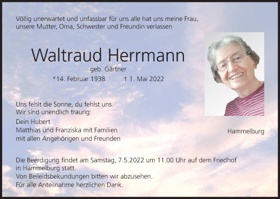 Waltraud Herrmann Traueranzeige Trauer Infranken De