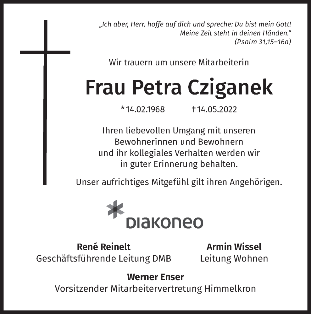 Petra Cziganek Traueranzeige Trauer Infranken De