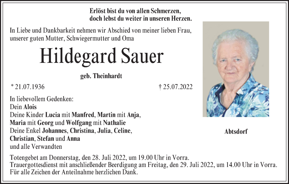 Hildegard Sauer Traueranzeige Trauer Infranken De