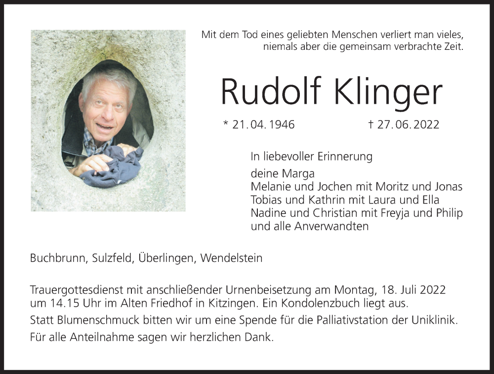 Rudolf Klinger Traueranzeige Trauer InFranken De