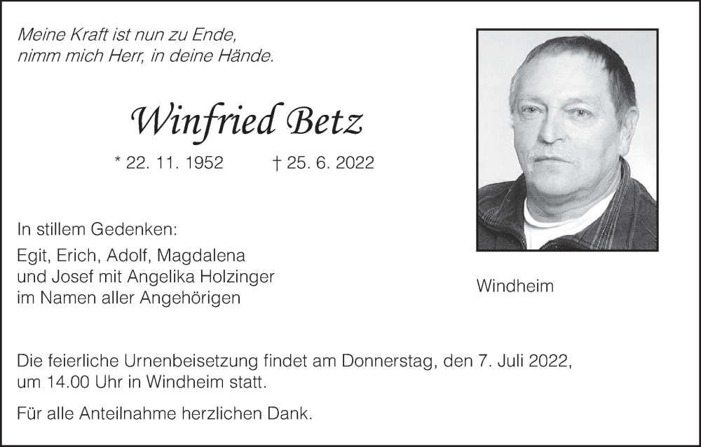 Winfried Betz Traueranzeige Trauer InFranken De