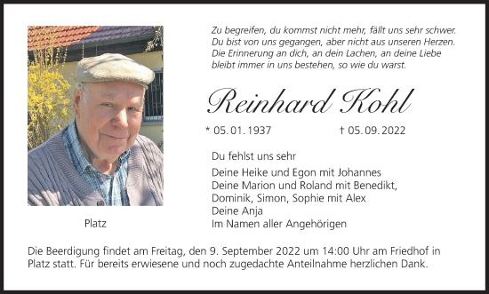 Reinhard Kohl Traueranzeige Trauer Infranken De