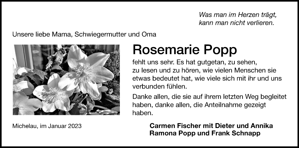 Rosemarie Popp Traueranzeige Trauer InFranken De