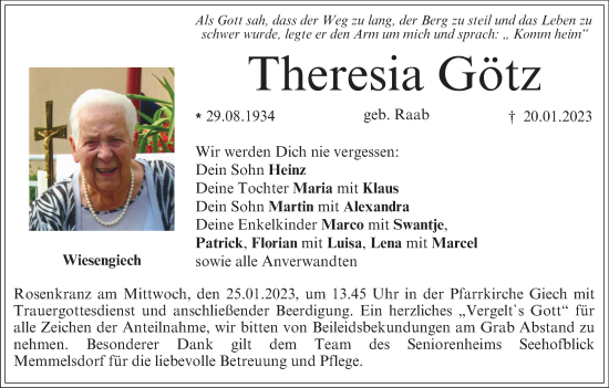 Theresia G Tz Traueranzeige Trauer Infranken De