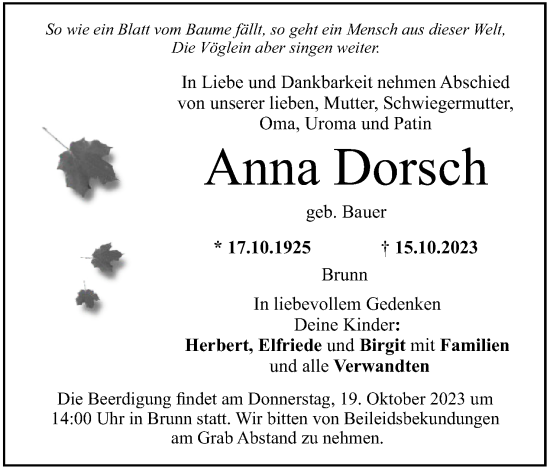 Anna Dorsch Traueranzeige Trauer InFranken De