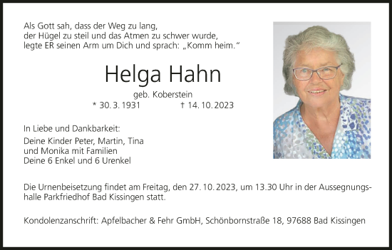 Helga Hahn Traueranzeige Trauer InFranken De