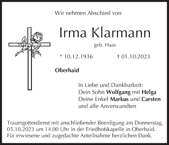 Irma Klarmann Traueranzeige Trauer InFranken De