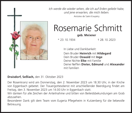 Rosemarie Schmitt Traueranzeige Trauer Infranken De