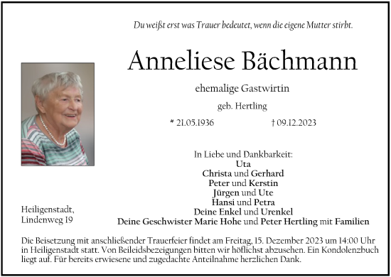 Anneliese B Chmann Traueranzeige Trauer Infranken De