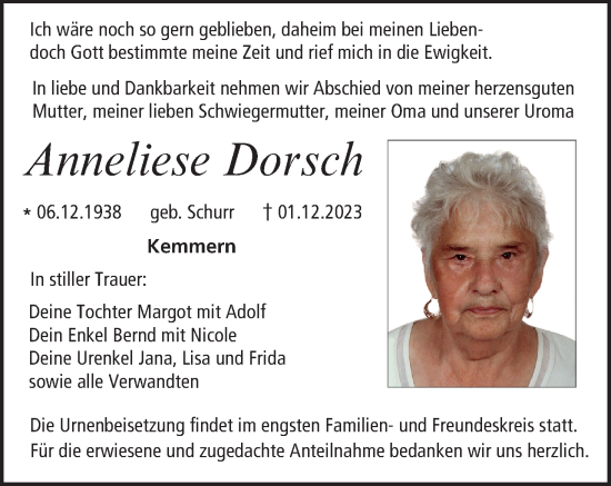 Anneliese Dorsch Traueranzeige Trauer InFranken De