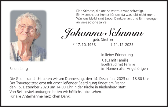 Johanna Schumm Traueranzeige Trauer Infranken De