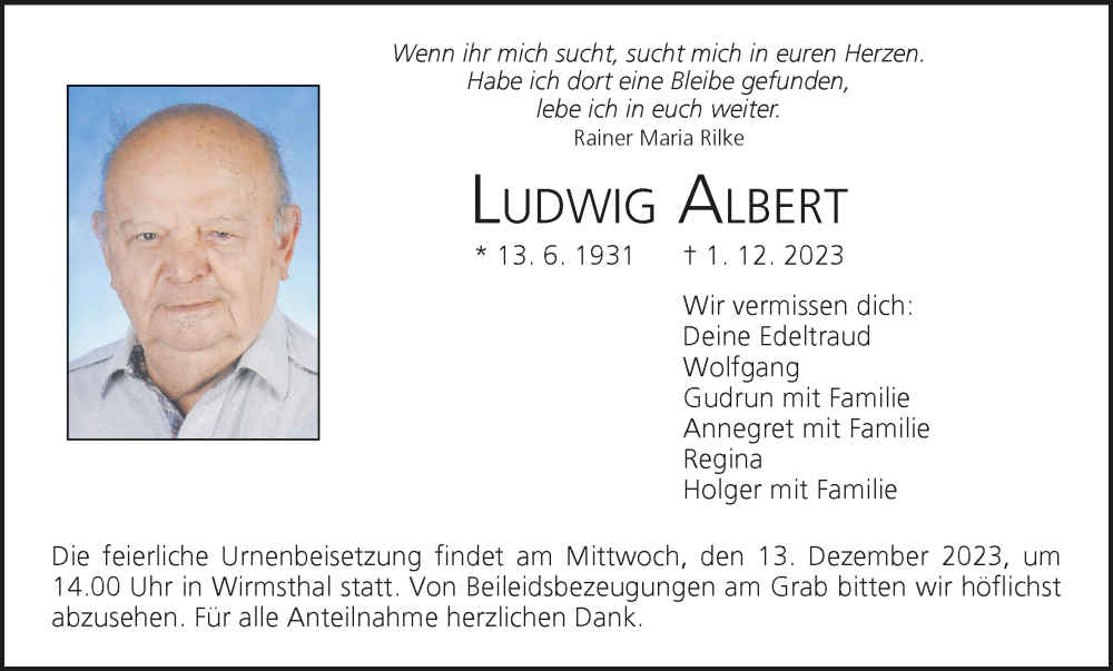 Ludwig Albert Traueranzeige Trauer InFranken De