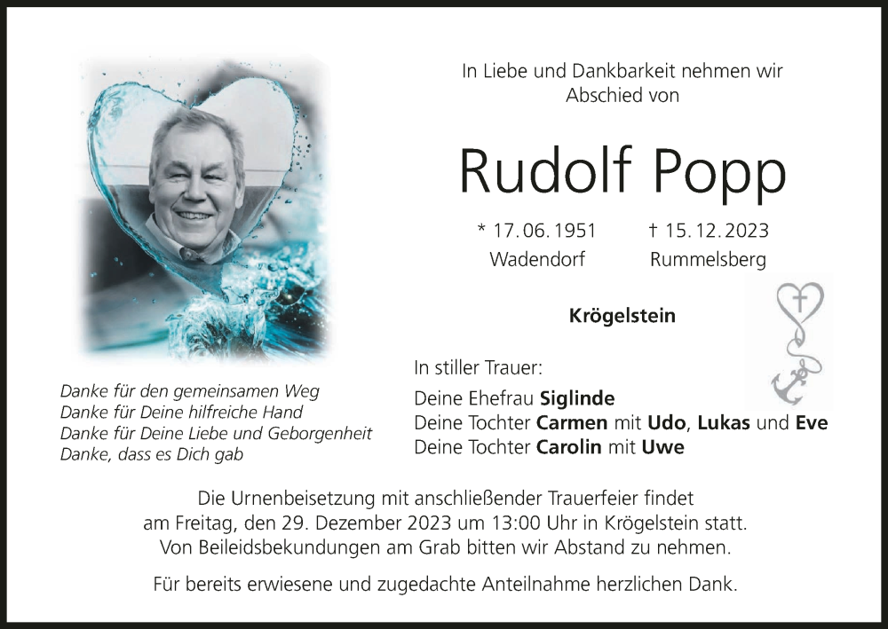 Rudolf Popp Traueranzeige Trauer InFranken De