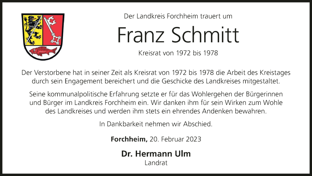 Franz Schmitt Traueranzeige Trauer Infranken De