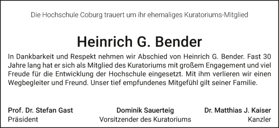 Anzeige von Heinrich G. Bender von MGO