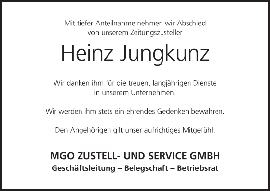 Anzeige von Heinz Jungkunz von MGO