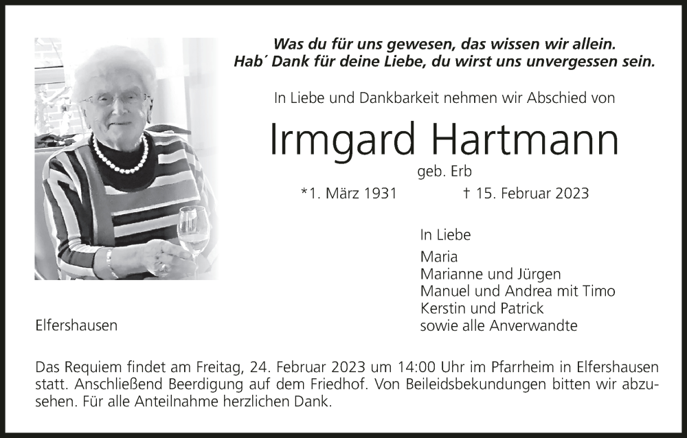 Irmgard Hartmann Traueranzeige Trauer Infranken De