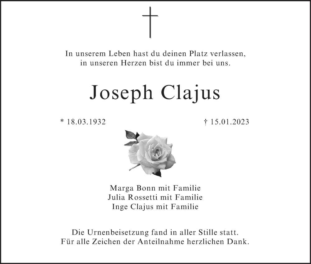 Joseph Clajus Traueranzeige Trauer Infranken De