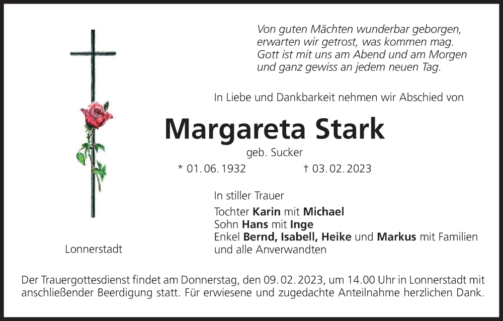 Margareta Stark Traueranzeige Trauer Infranken De