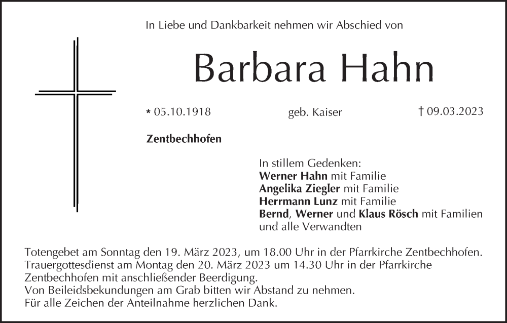 Barbara Hahn Traueranzeige Trauer InFranken De