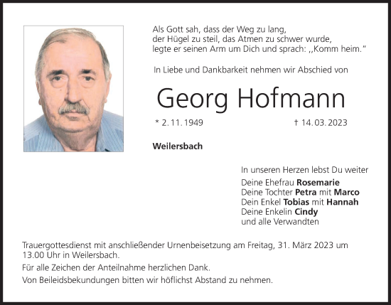 Georg Hofmann Traueranzeige Trauer InFranken De