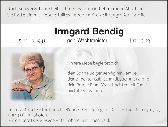 Irmgard Bendig Traueranzeige Trauer Infranken De