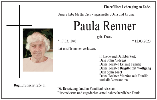 Paula Renner Traueranzeige Trauer InFranken De