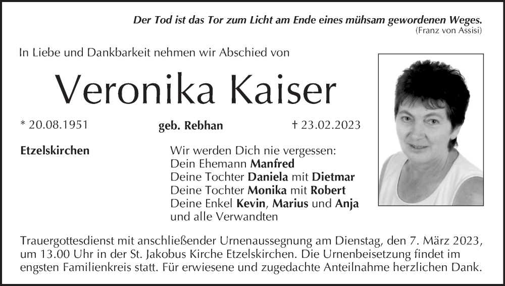 Veronika Kaiser Traueranzeige Trauer InFranken De