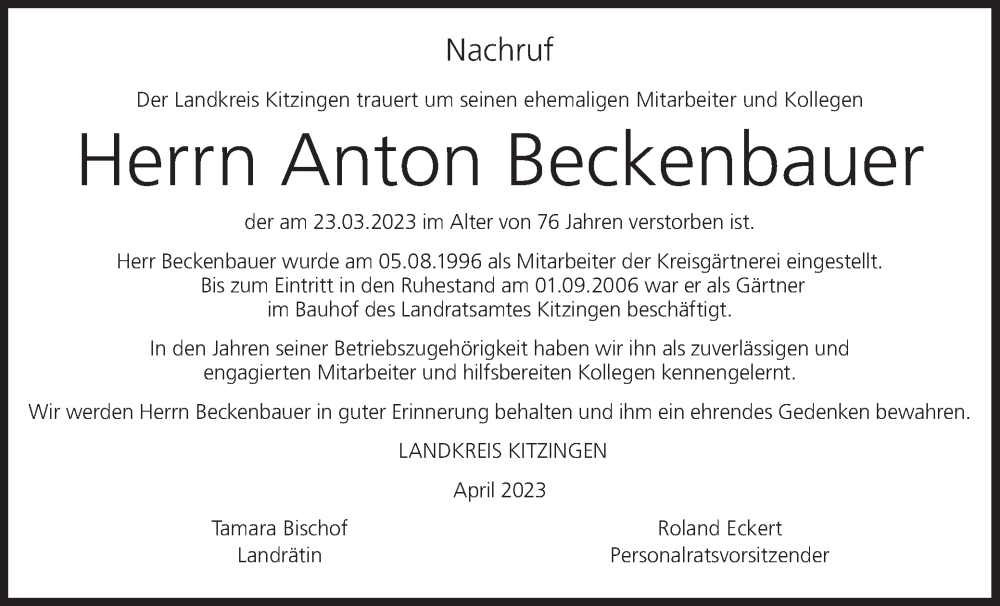 Anton Beckenbauer Traueranzeige Trauer Infranken De