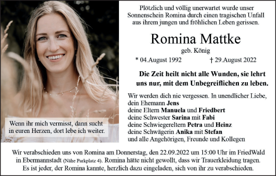 Romina Mattke Traueranzeige Trauer InFranken De