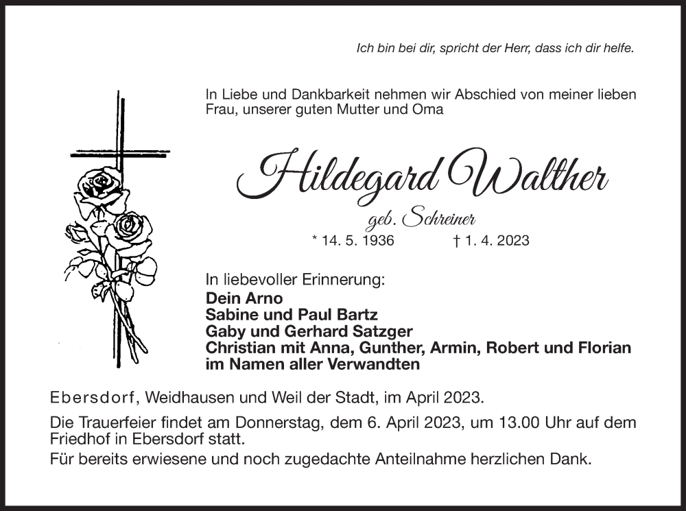 Hildegard Walther Traueranzeige Trauer Infranken De