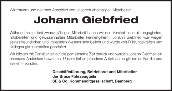 Anzeige von Johann Giebfried von MGO