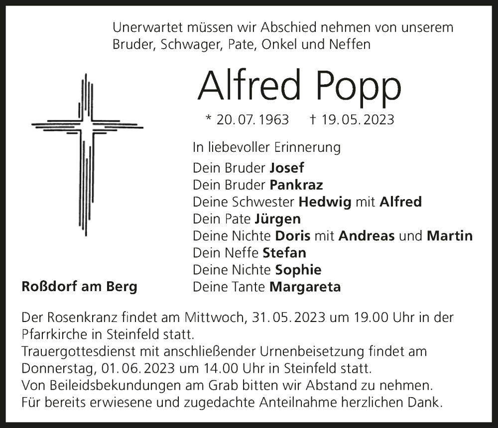 Alfred Popp Traueranzeige Trauer Infranken De