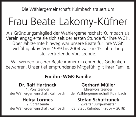 Beate Lakomy K Fner Traueranzeige Trauer Infranken De