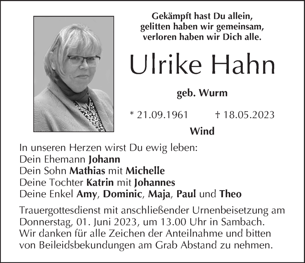 Ulrike Hahn Traueranzeige Trauer InFranken De