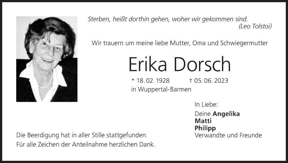 Erika Dorsch Traueranzeige Trauer InFranken De