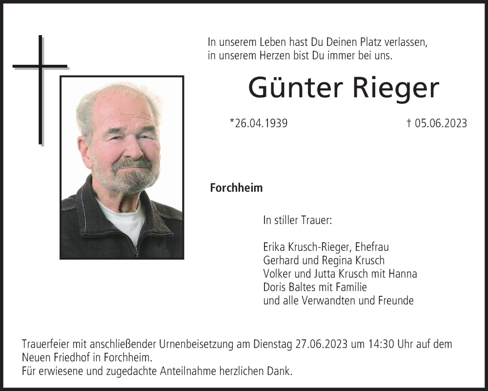 Günter Rieger Traueranzeige trauer inFranken de