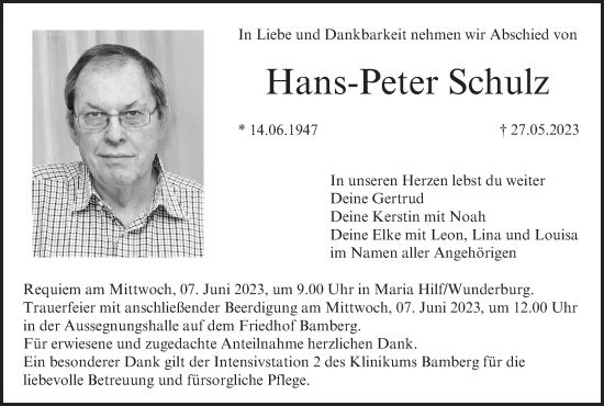 Hans Peter Schulz Traueranzeige Trauer InFranken De