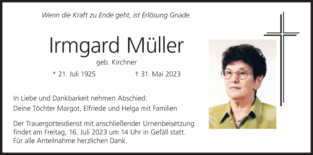 Irmgard Müller Traueranzeige trauer inFranken de