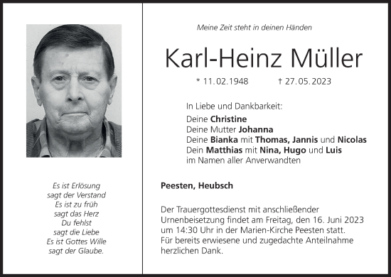 Karl Heinz M Ller Traueranzeige Trauer Infranken De