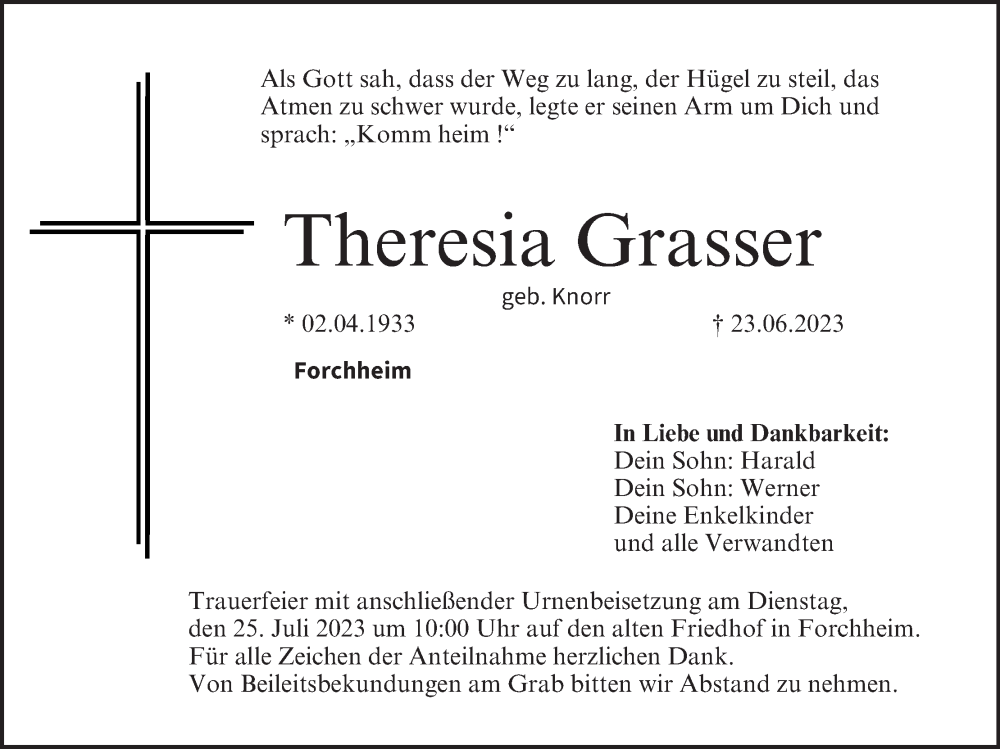 Theresia Grasser Traueranzeige Trauer InFranken De