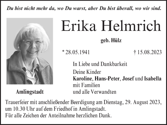 Erika Helmrich Traueranzeige Trauer Infranken De