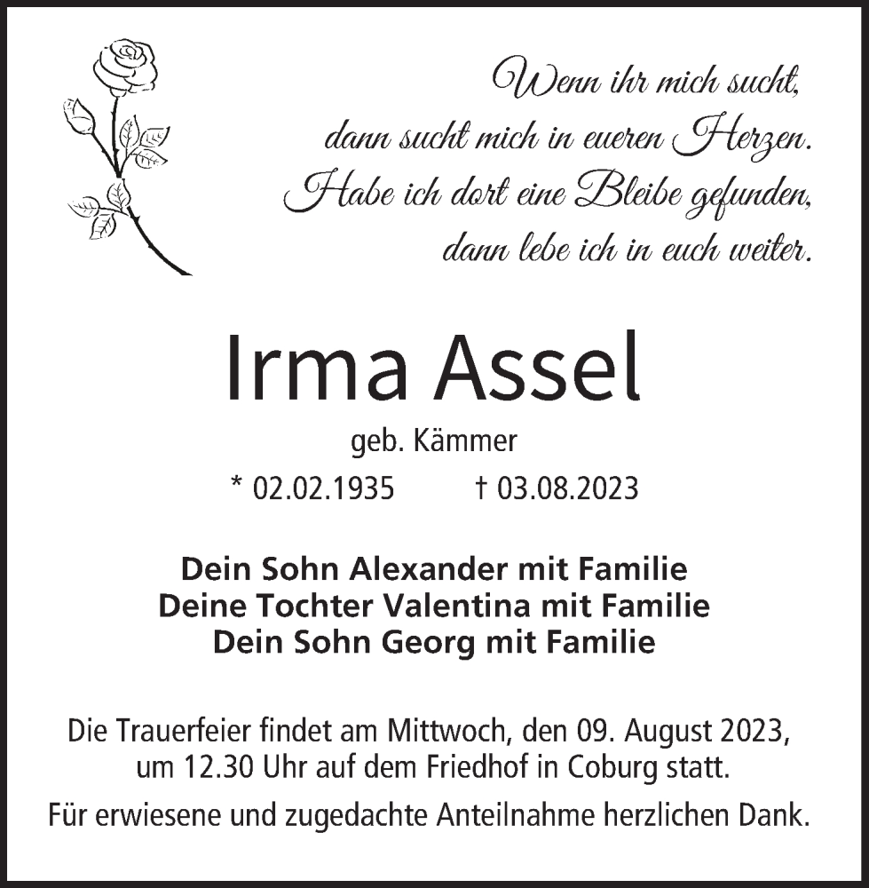 Irma Assel Traueranzeige Trauer Infranken De