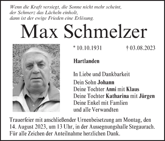 Max Schmelzer Traueranzeige Trauer Infranken De