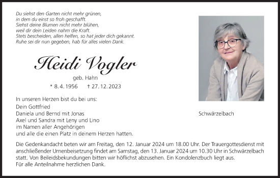 Heidi Vogler Traueranzeige Trauer InFranken De