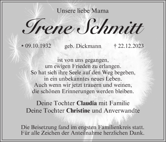 Irene Schmitt Traueranzeige Trauer Infranken De